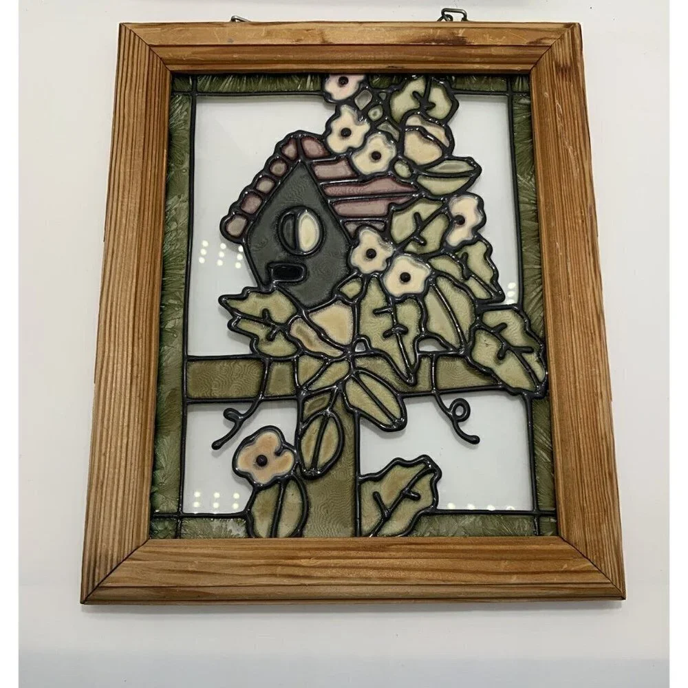 Wood Framed Vibrant Birdhouse & Flowers Stained Glass Wall Art 11.5x9.5 Vintage